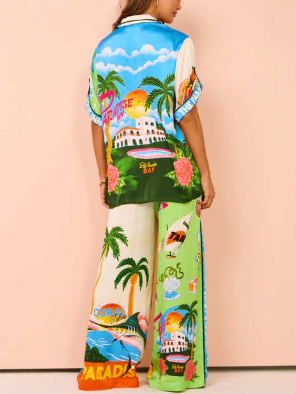 Vacation Graffiti Print Satin Casual Two-Piece Suit