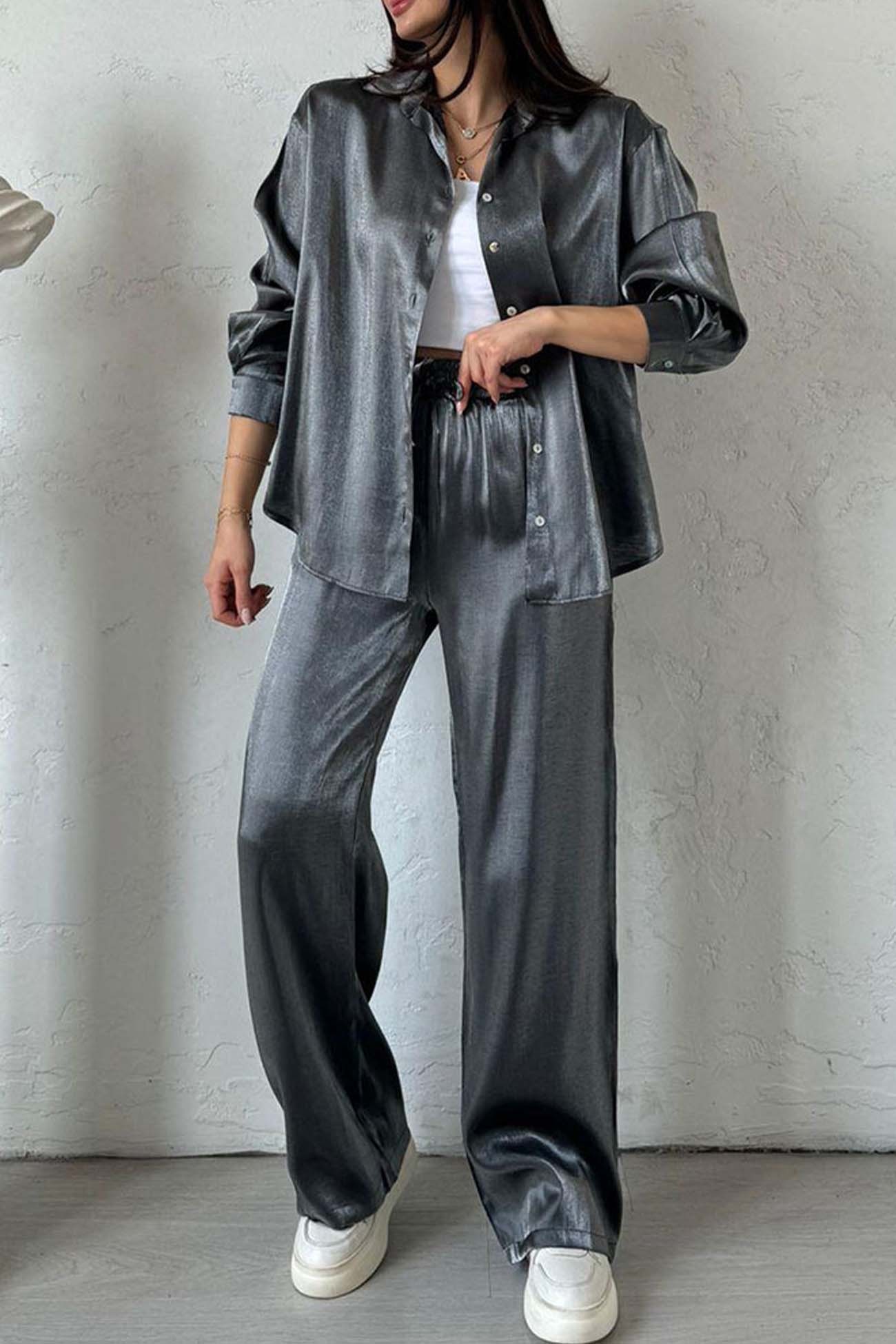 Noor - metallic shiny button down shirt long pant set