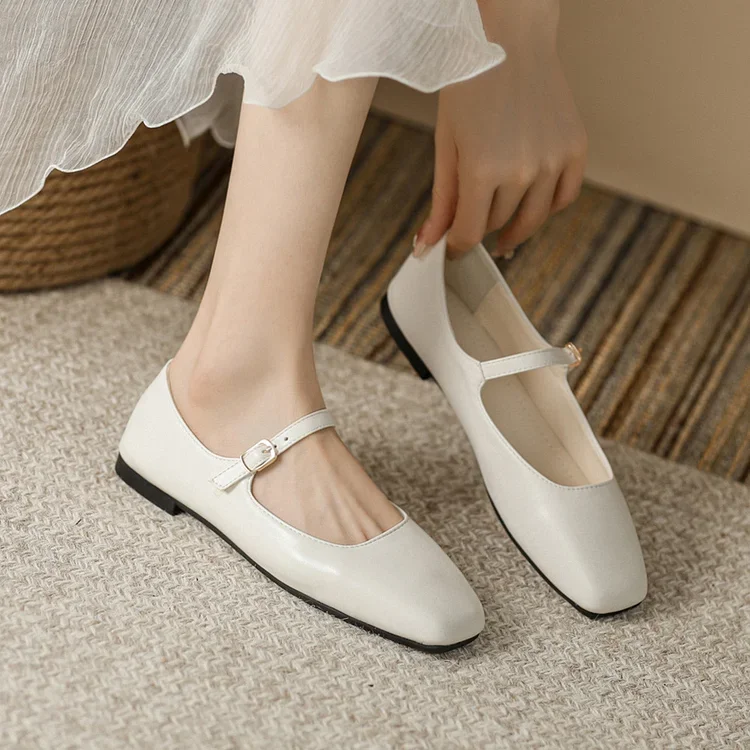 Mary Jane Square Head Retro Leather Flat Shoes