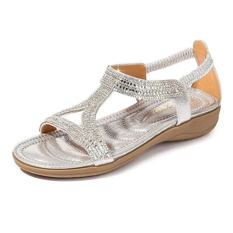 Sandals Hollow Triangle Rhinestone Sandals Soft Bottom Wedge Flat