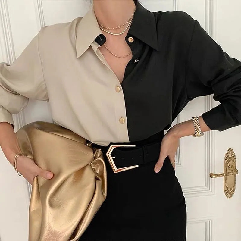Elegant Vintage Khaki Black Blouse for Women