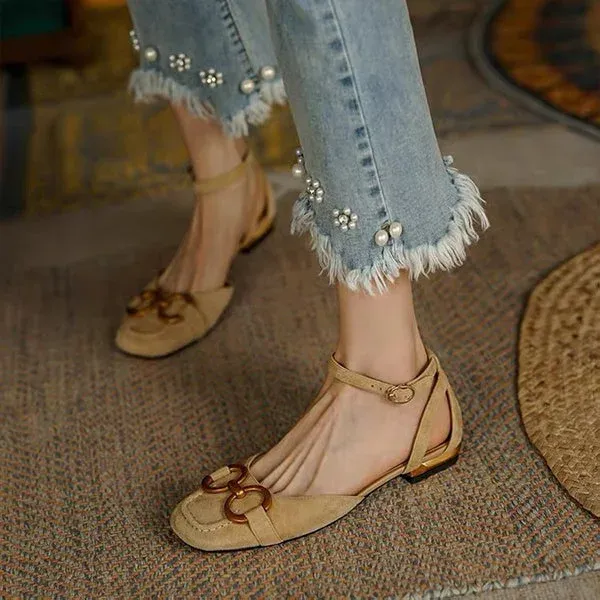 Womens Suede Solid Metallic Buckle Upper Slingback Flats