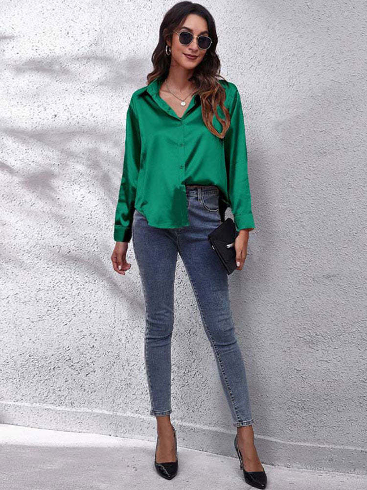 Satin Blouse Women Loose Button Placket Silky Long-sleeved Shirt