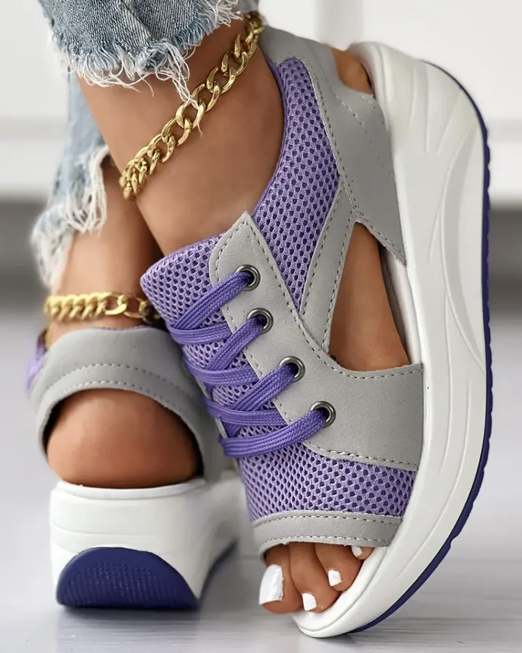 Orthopedic Contrast Paneled Cutout Lace-up Muffin Sandals