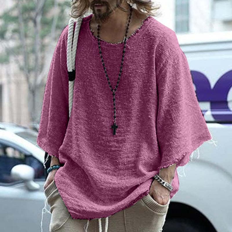 Men's Casual Loose Round Neck Raw Edge T-Shirt