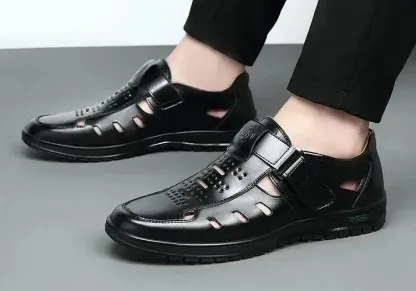 Men’s Leather Sandals – Closed Toe – Breathable Cut-Out Design – Adjustable Buckle Strap
