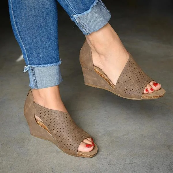 Ladies's Open Toe Leather Heels Wedge Mules Sandals