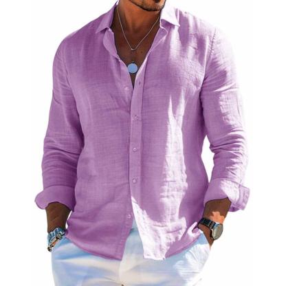 Men's Cotton and Linen Casual Solid Color Lapel Shirt