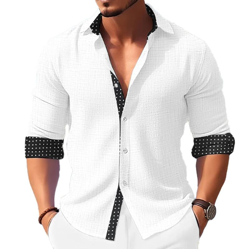 Men's Casual Polka Dot Print Paneled Lapel Long Sleeve Shirt