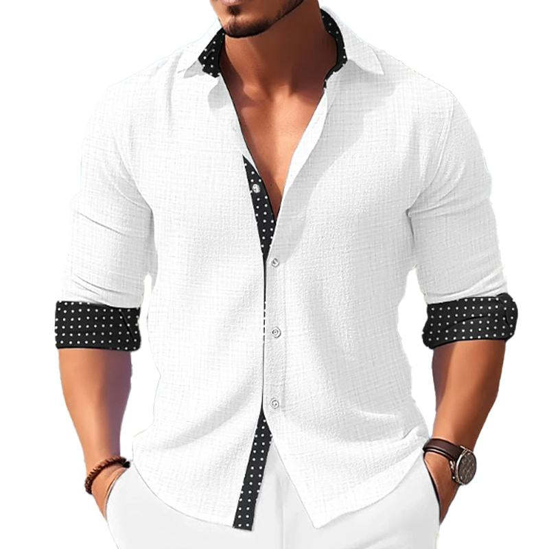Men's Casual Polka Dot Print Paneled Lapel Long Sleeve Shirt