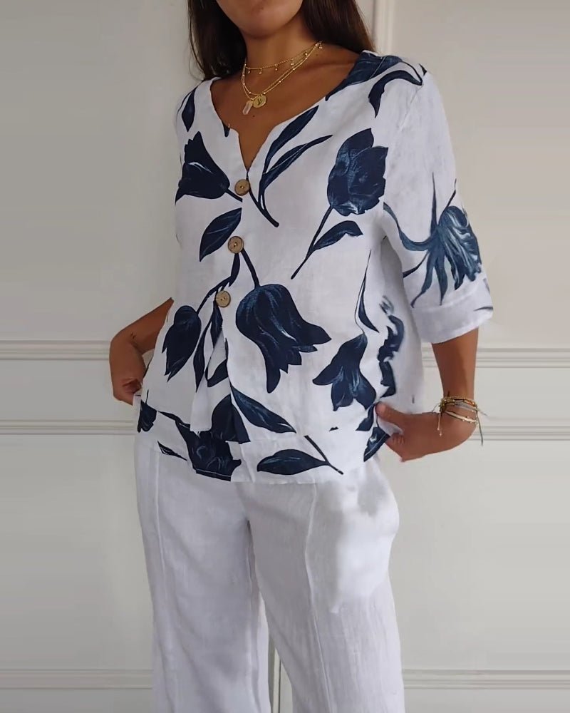 White Cotton-Linen Floral Top