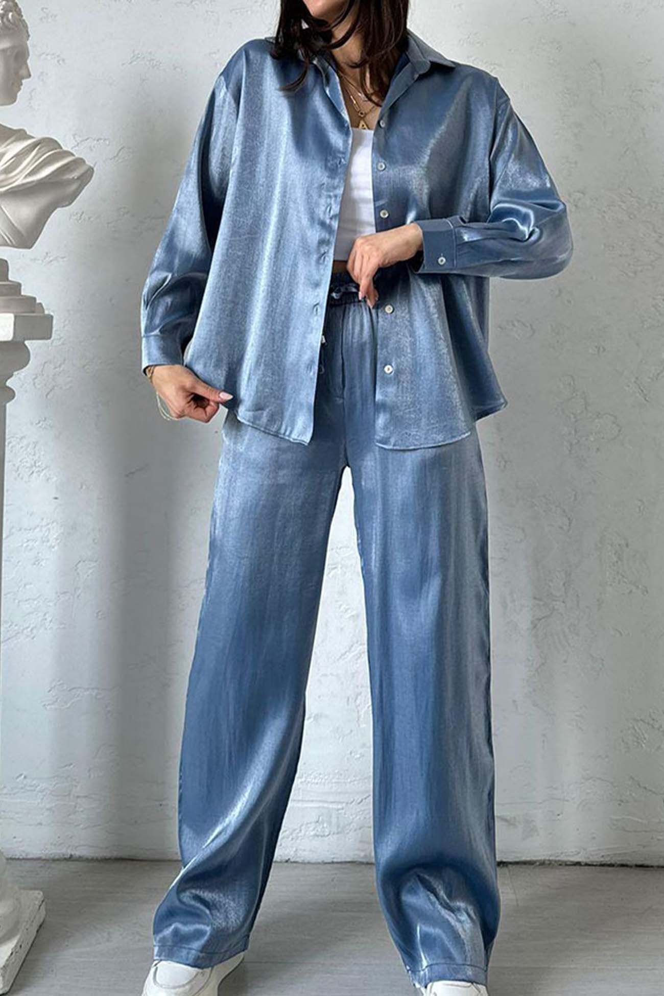 Noor - metallic shiny button down shirt long pant set