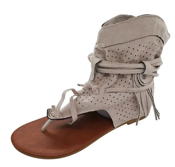 Retro Flat Tassel Cutout Thong Sandals