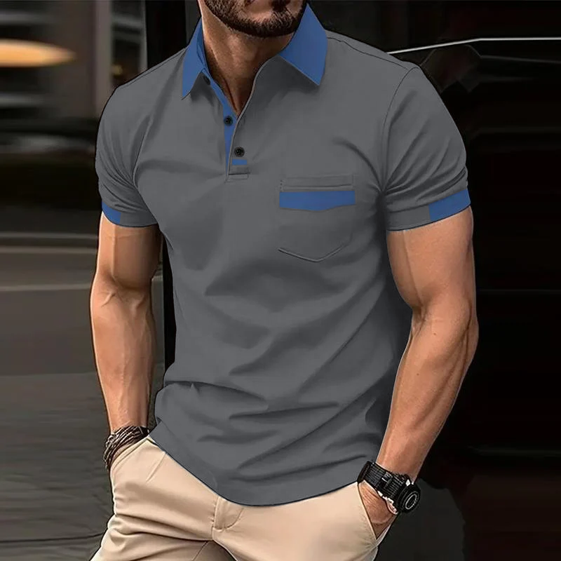 Men's Casual Color Block Pocket Short Sleeve Shirt