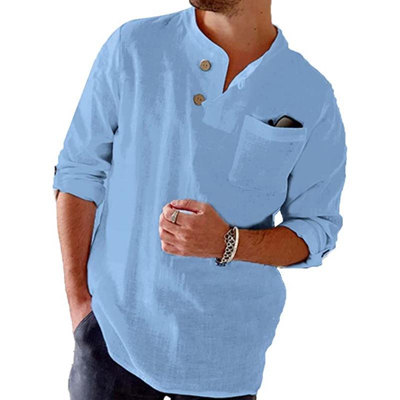 Men's Cotton Linen Loose Casual Solid Color Roll-Up Sleeve Long-sleeved Shirt