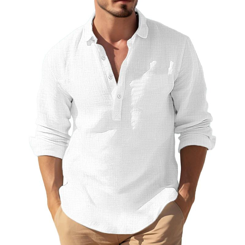 Men's Casual Solid Color Cotton Linen Blend Lapel Long-Sleeved Shirt