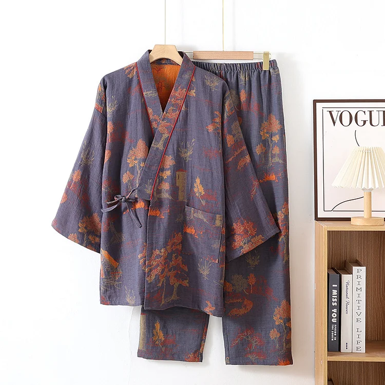 Neutral Landscape Kimono Cotton Pajama Set