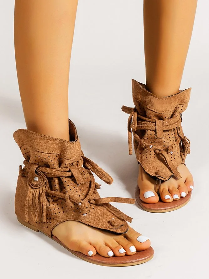 Retro Flat Tassel Cutout Thong Sandals