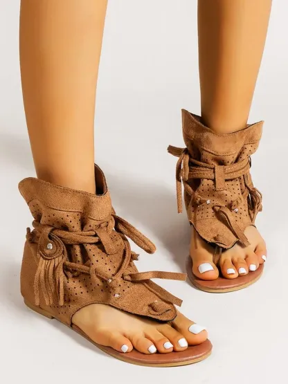 Retro Flat Tassel Cutout Thong Sandals