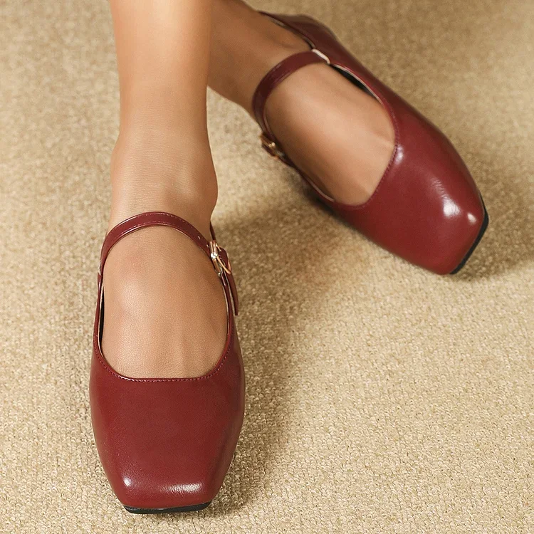 Mary Jane Square Head Retro Leather Flat Shoes