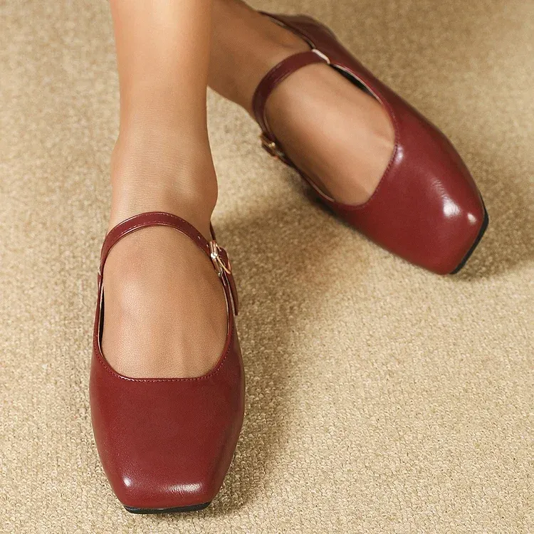 Mary Jane Square Head Retro Leather Flat Shoes