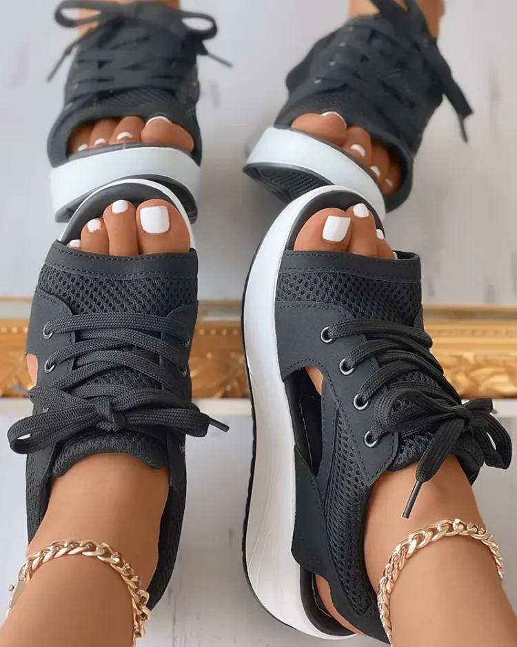 Orthopedic Contrast Paneled Cutout Lace-up Muffin Sandals