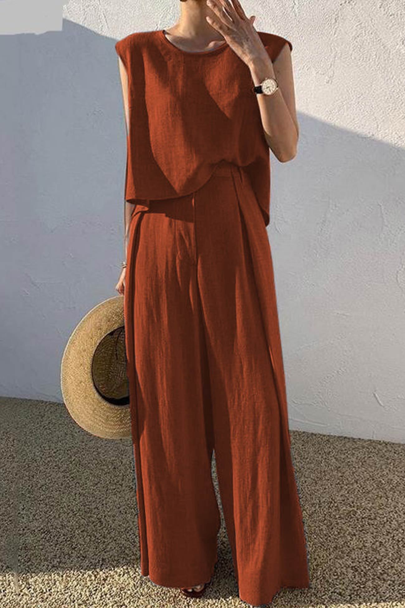Kaiulani - round neck sleeveless top and wide leg pants set