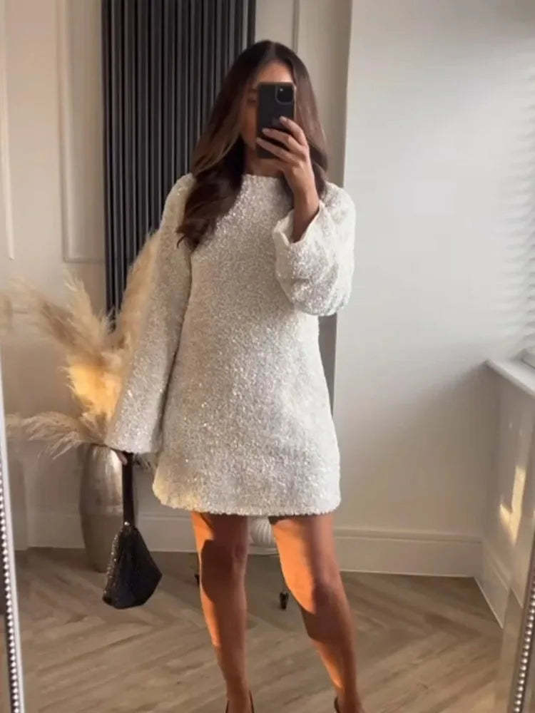 Women's short dress with narrow sleeves and glittering sequin bowknot