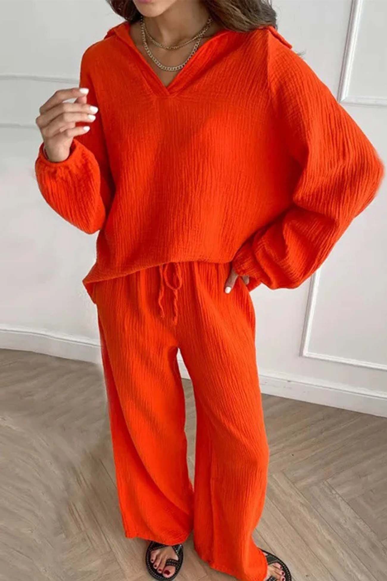 Neri - lapel drawstring wide leg pants two-piece set