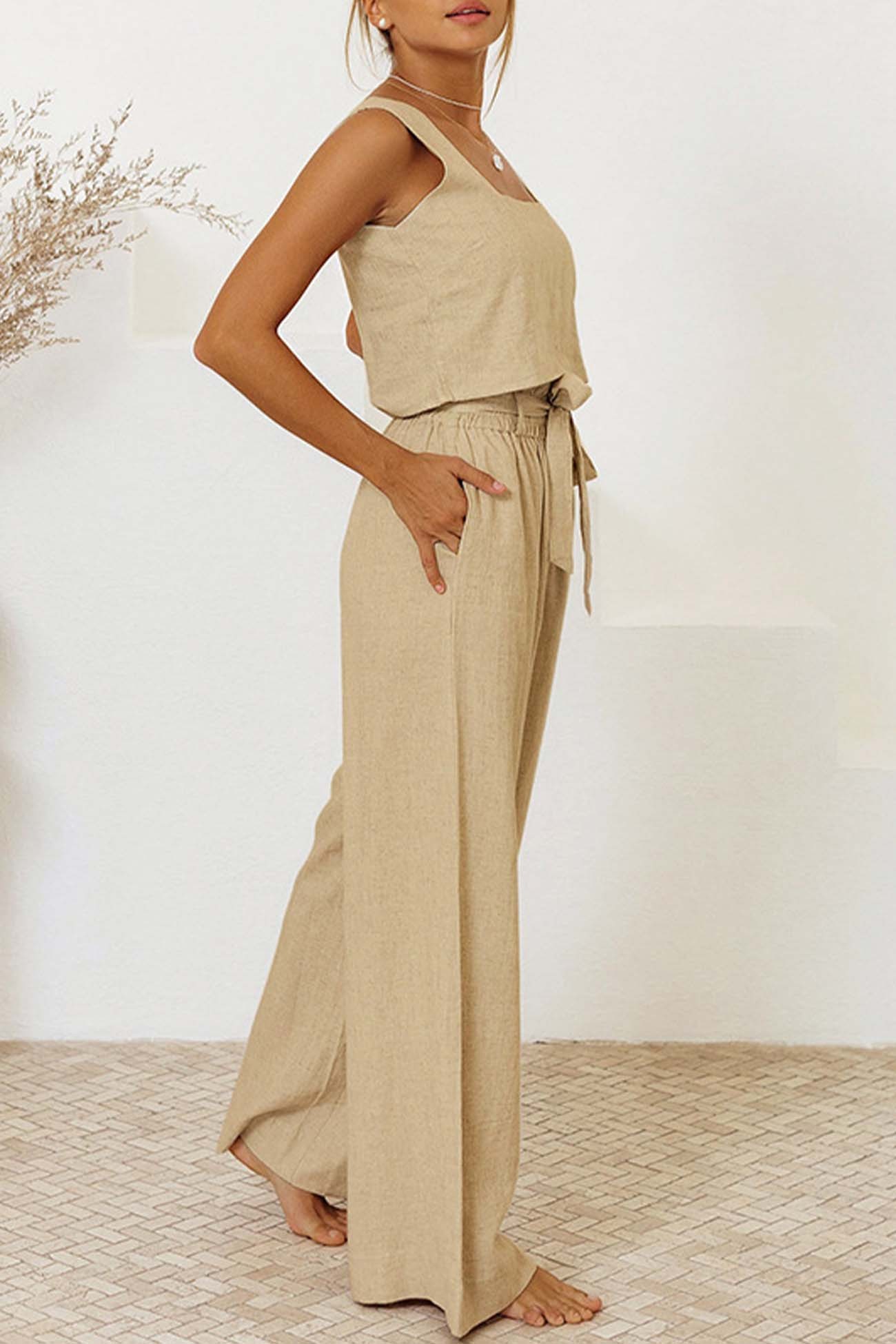 Anela - waist tie square neck pants set