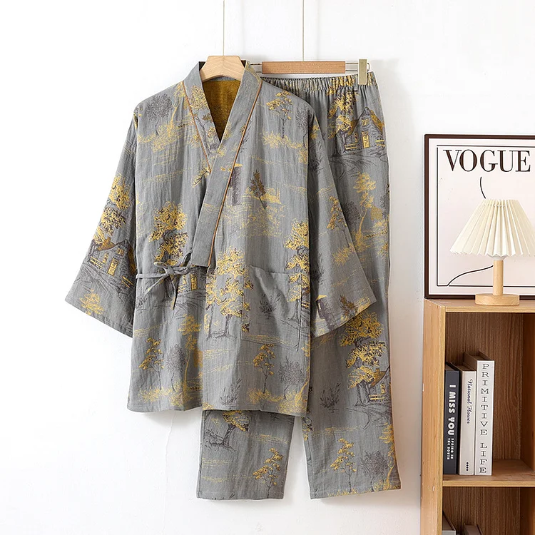 Neutral Landscape Kimono Cotton Pajama Set