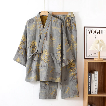 Neutral Landscape Kimono Cotton Pajama Set