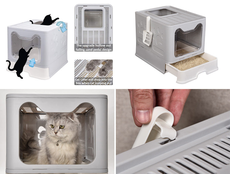 large space cat litter box with two-way entry, one way exit