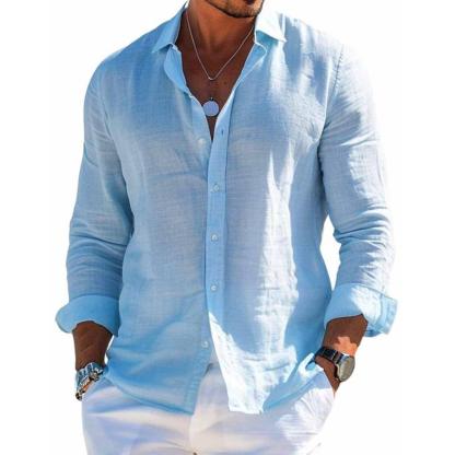 Men's Cotton and Linen Casual Solid Color Lapel Shirt