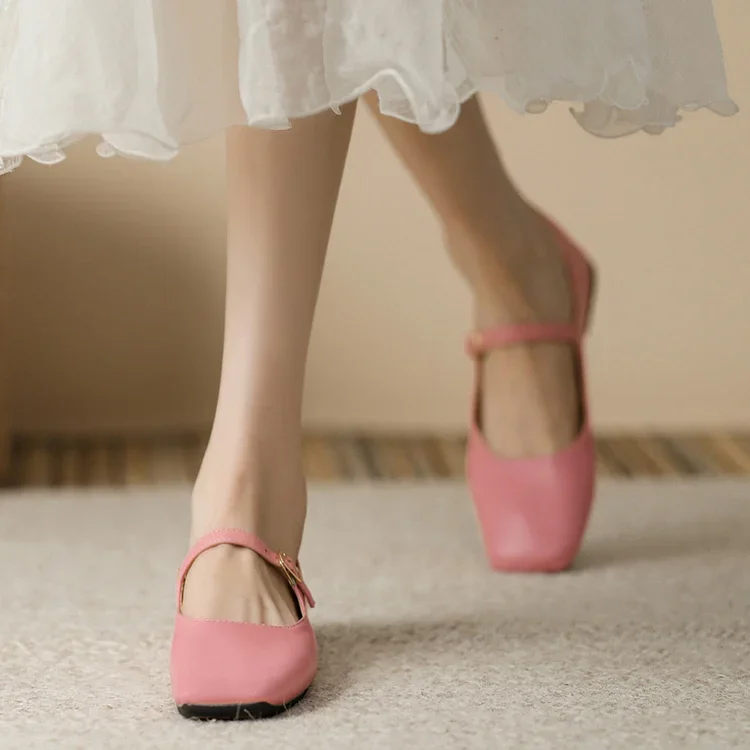 Mary Jane Square Head Retro Leather Flat Shoes