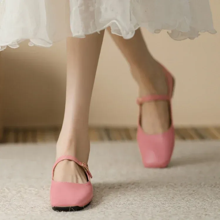 Mary Jane Square Head Retro Leather Flat Shoes