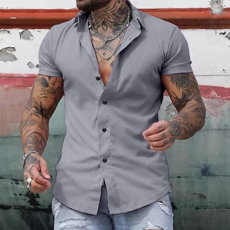 Men's Solid Lapel Short Sleeve Sports Fitness Shirt