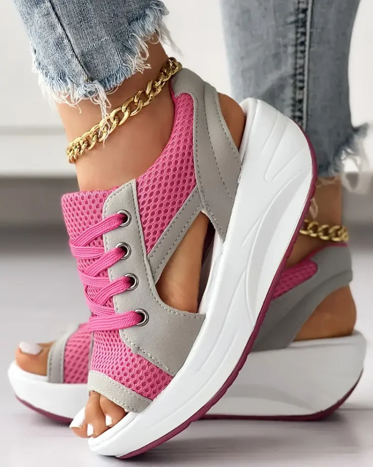 Orthopedic Contrast Paneled Cutout Lace-up Muffin Sandals