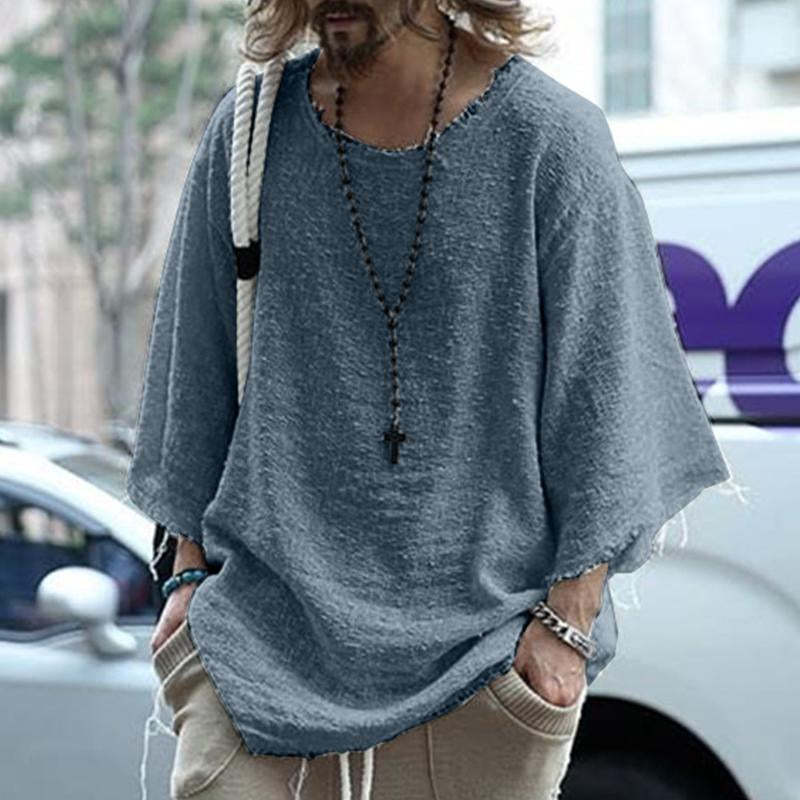 Men's Casual Loose Round Neck Raw Edge T-Shirt