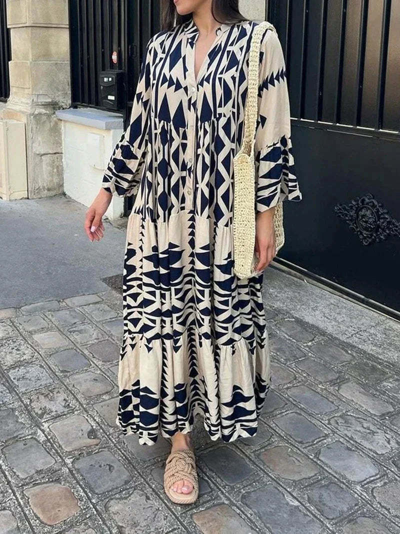 Oversized Dress With Retro Print and V-neckline