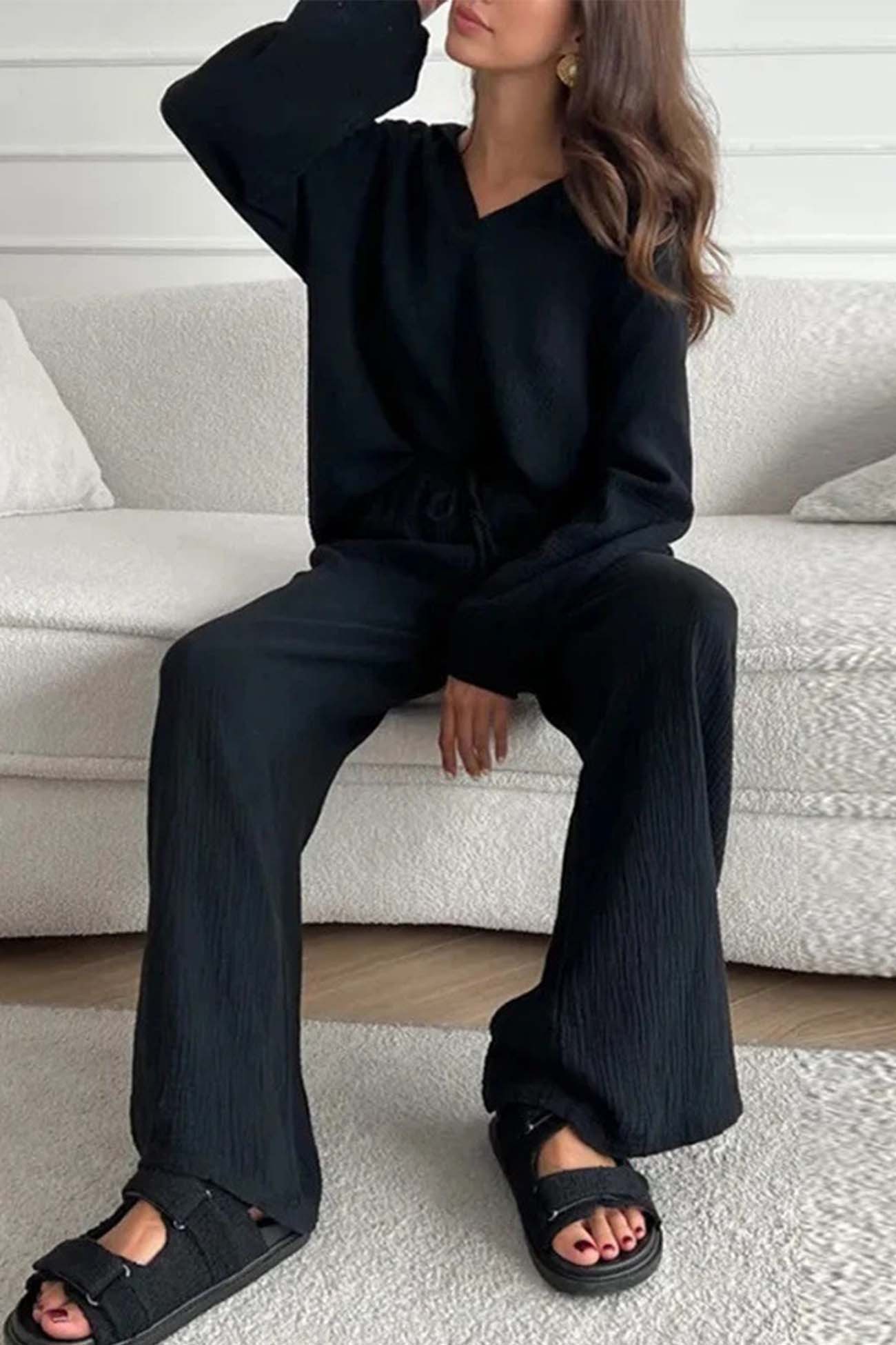 Neri - lapel drawstring wide leg pants two-piece set