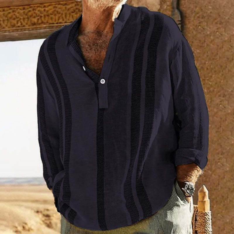 Men's V-neck Striped Print Loose Lapel Cotton Linen Shirt
