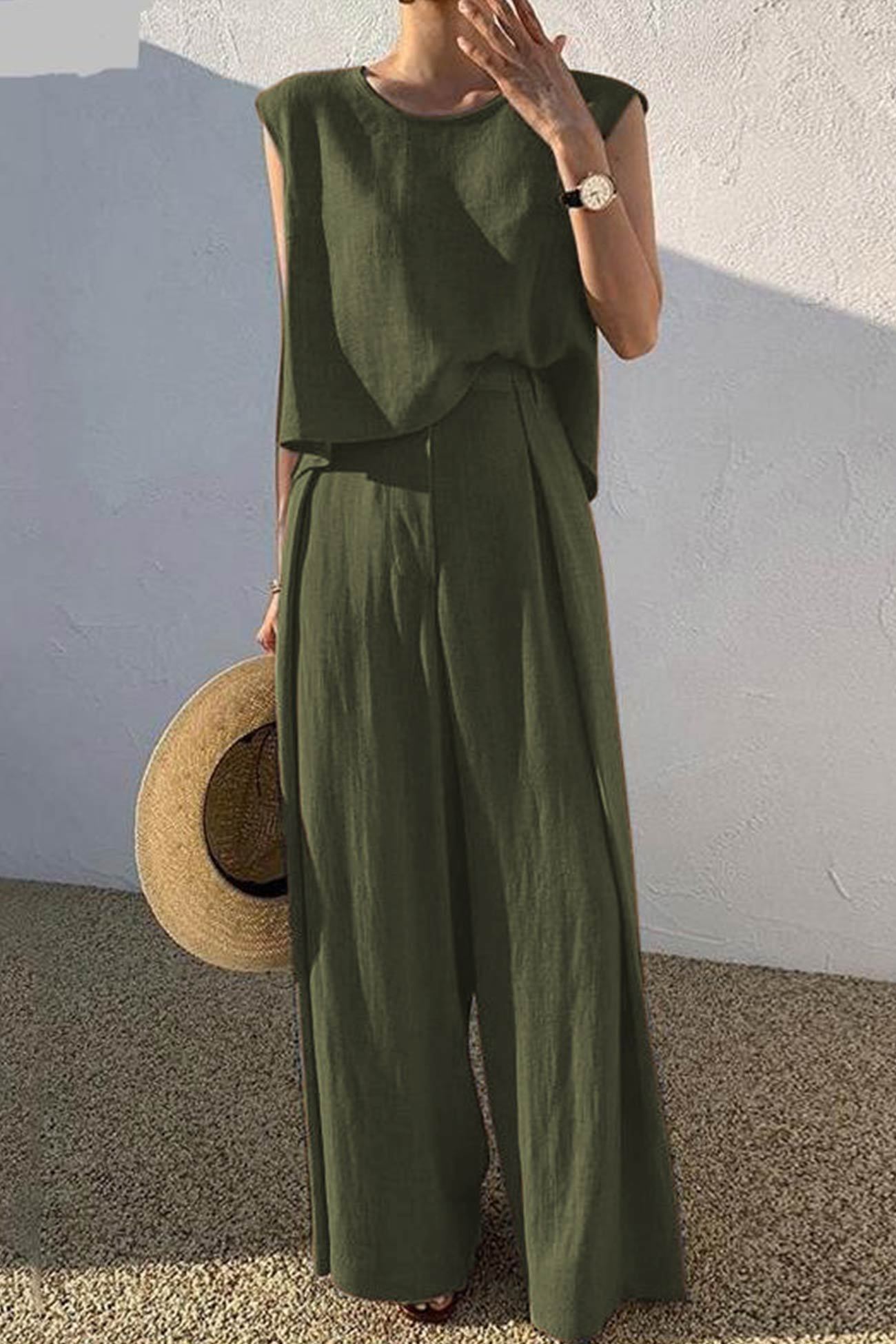 Kaiulani - round neck sleeveless top and wide leg pants set