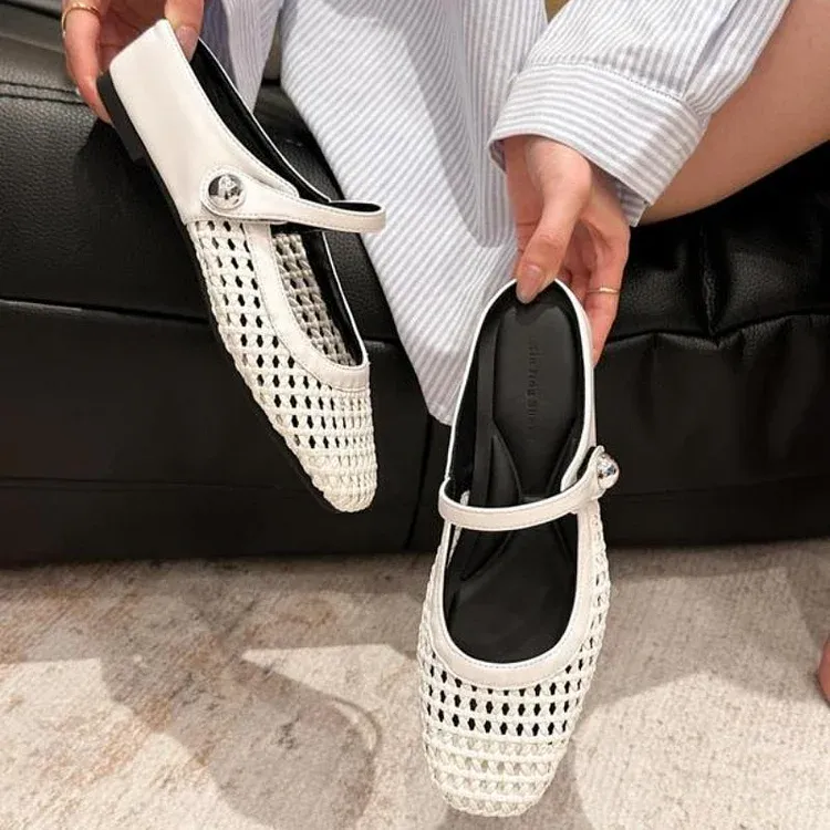 Women's Mary Jane Mules Woven Flat Slip On Shoes