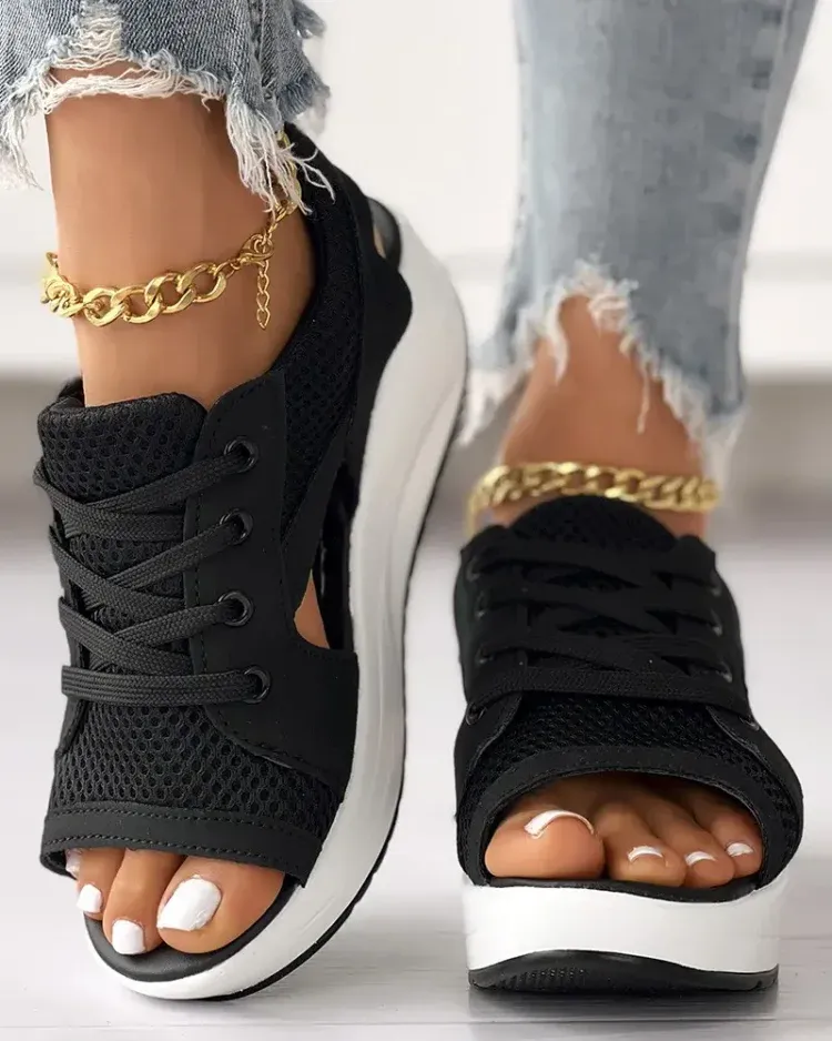 Orthopedic Contrast Paneled Cutout Lace-up Muffin Sandals