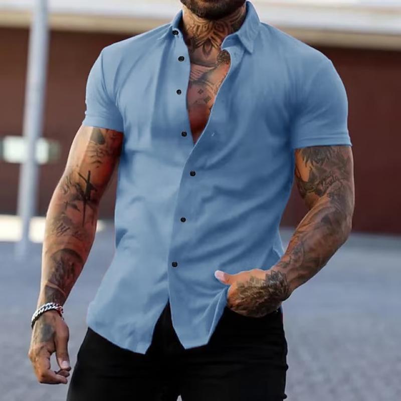 Men's Solid Lapel Short Sleeve Sports Fitness Shirt