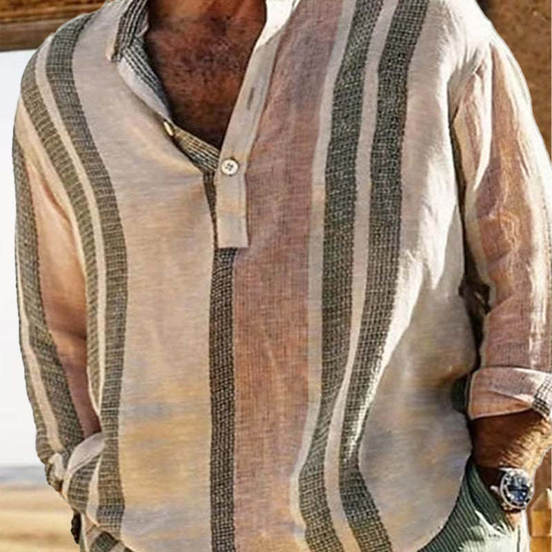 Men's V-neck Striped Print Loose Lapel Cotton Linen Shirt