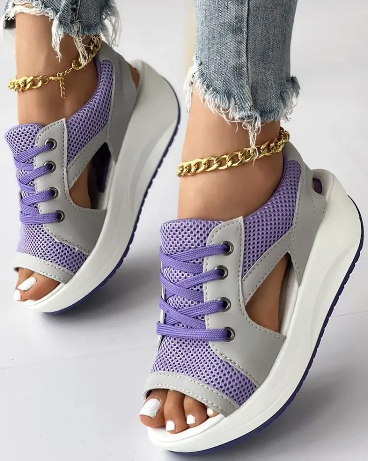 Orthopedic Contrast Paneled Cutout Lace-up Muffin Sandals