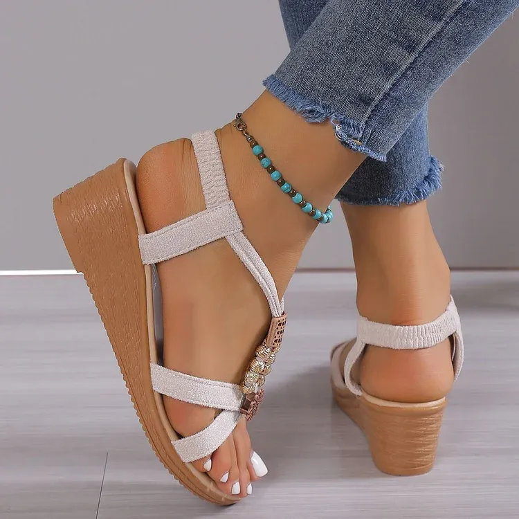 Beaded Mid Heel Slope Heel Flat Open Toe Sandals