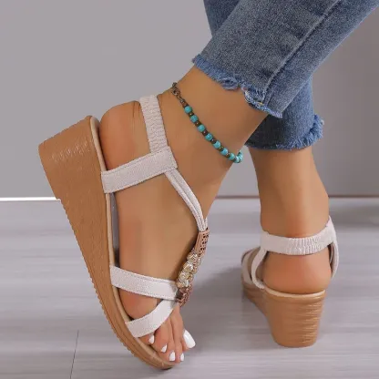 Beaded Mid Heel Slope Heel Flat Open Toe Sandals